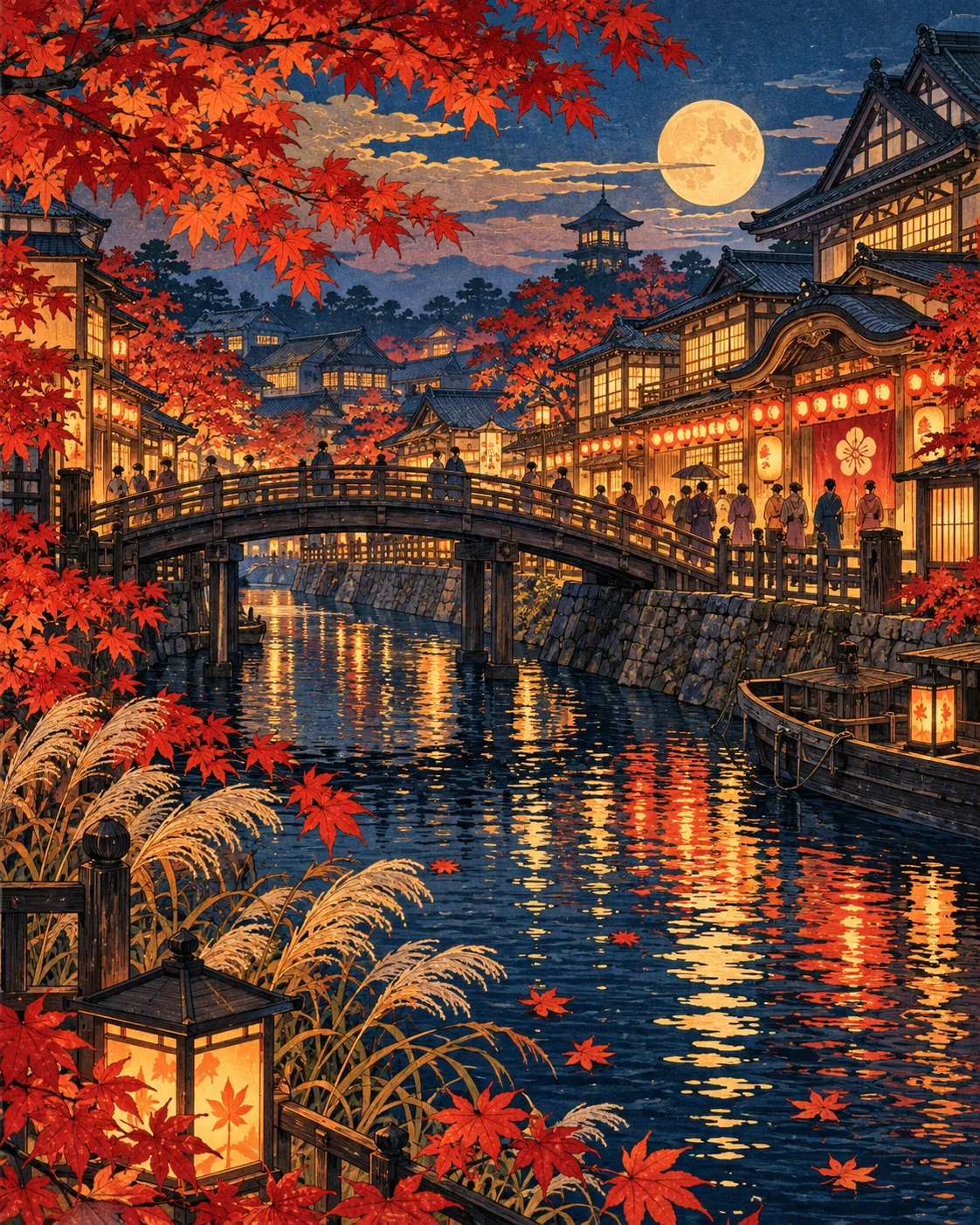 紅葉と灯りに彩られた江戸の秋の町並み